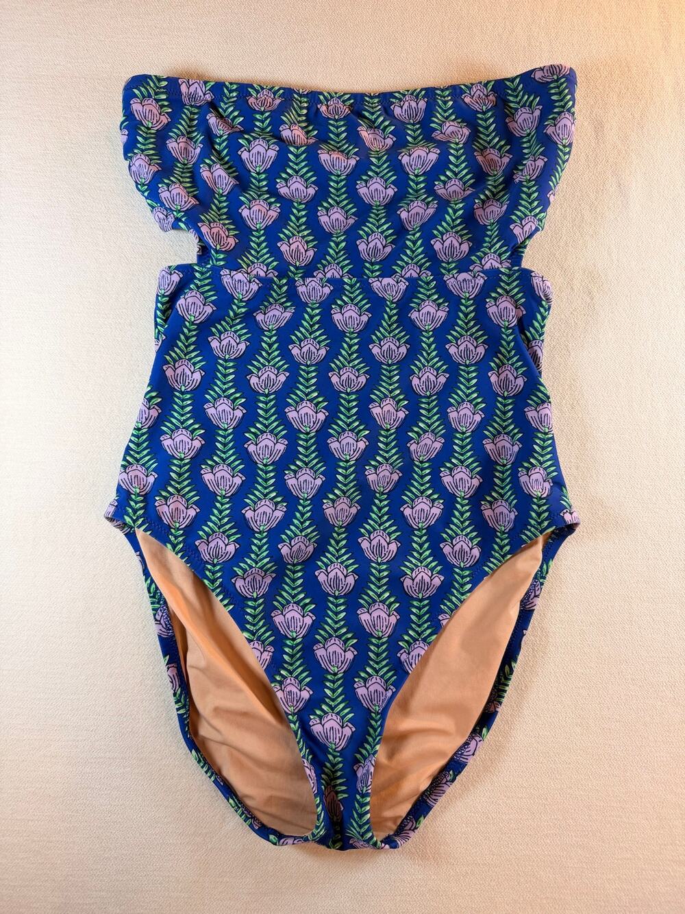 J.Crew Strapless One Piece Swimsuit Medium Blue Floral Block Print Bandeau
